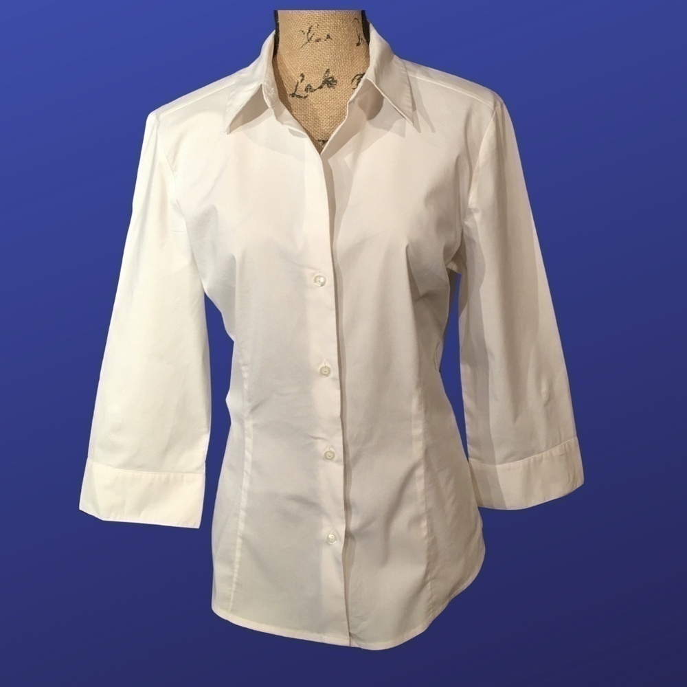 NEW YORK & COMPANY “City Stretch” Fitted STRETCH Blouse, WHITE, NWOT, Size Large